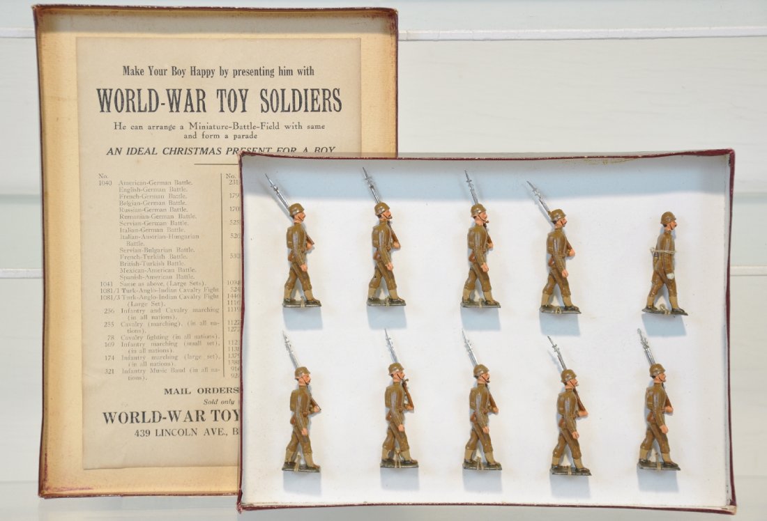 Boxed Heyde Set 407 German WWI Infantry: All original owner sets, bought from World War Toy Soldier Co., Brooklyn, NY. Includes 9 marching with officer. They are like new, tied in insert. It has its original box with American ad mounted insi