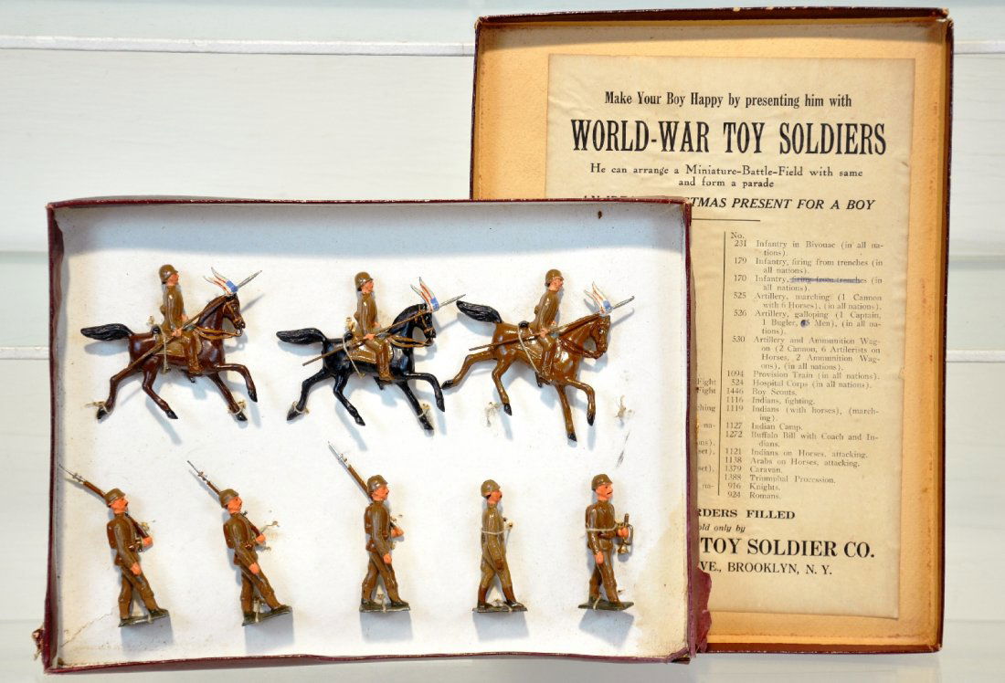 Boxed Heyde German Infantry & Cavalry: All original owner sets, bought from World War Toy Soldier Co., Brooklyn, NY. Includes a nice 8pc set with 3 soldiers marching, officer & bugler, plus 3 mounted with flag spears. The set is tied onto