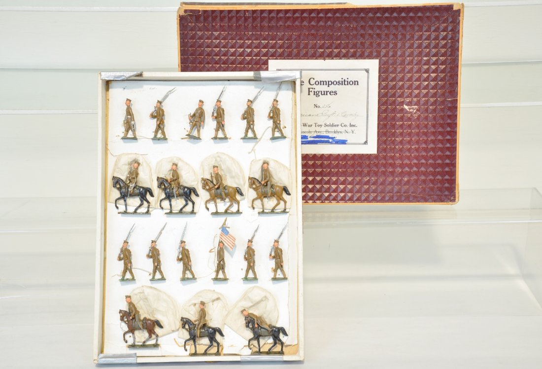 Large Boxed Heyde American Infantry & Cavalry: All original owner sets, bought from World War Toy Soldier Co., Brooklyn, NY in 1934. Includes a 19pc set with soldiers marching; officer; bugler & flag bearer; plus 7 mounted including 5 walking with