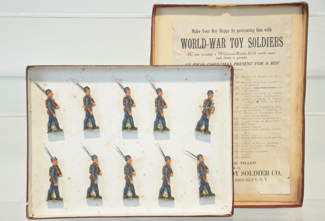 Boxed Heyde Set 407 German WWII Infantry: All original owner sets, bought from World War Toy Soldier Co., Brooklyn, NY. Includes 9 marching with officer. They are like new, tied on insert. It has its original box with American ad mounted insi