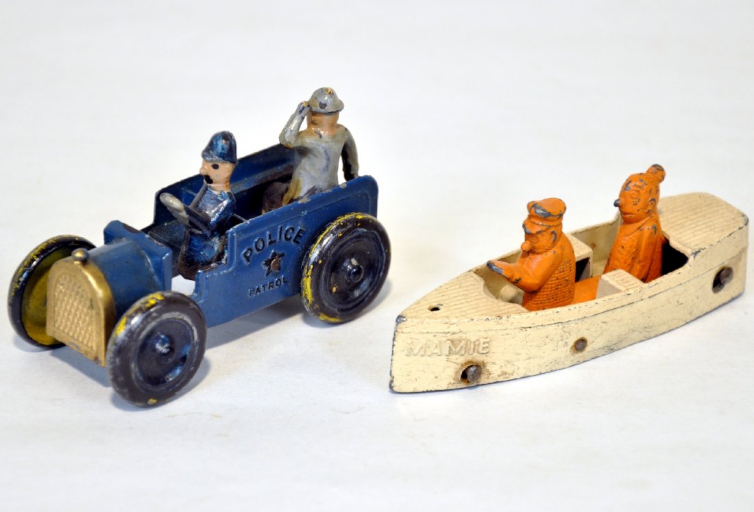 TootsieToy Moon Mullins & Mamie: Includes a Mamie in the boat & Moon Mullins police car, animated version. Both show light to moderate playwear, C7-7+