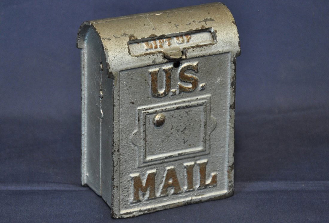 Large Size Post Office Mail Box Bank: 5" tall, painted cast iron with combination lock on back. Nicer paint than usual, showing only moderate wear, C6