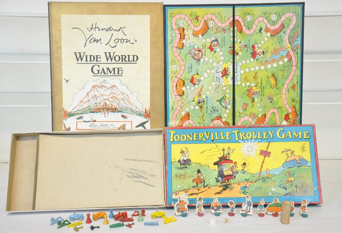 2 Early Board Games: Includes a Milton Bradley Toonerville Trolley game, complete with bright colorful board and original box; Parker Brothers, "Hindrik Von Lun's Wide World game, with nice original board with rare cover 