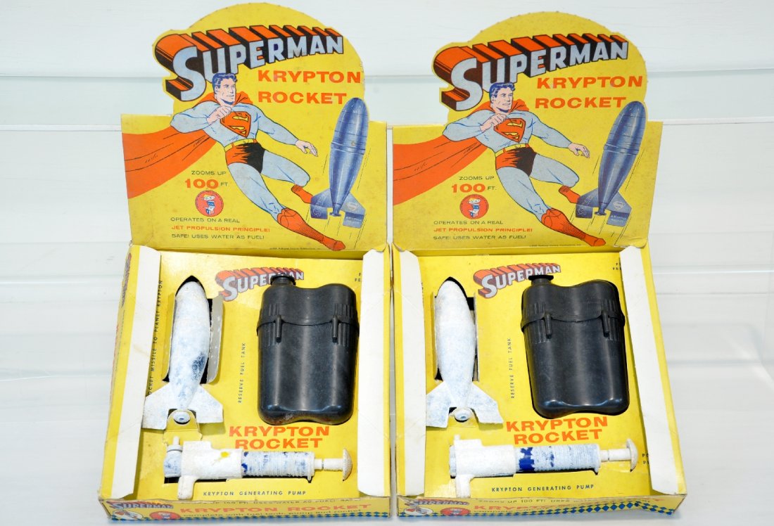 2 Superman Krypton Rockets: By Parks Plastics, dated 1956. Includes 2 complete water rockets in packaging with great Superman graphics. They need to be cleaned up a bit, but show light use, C7