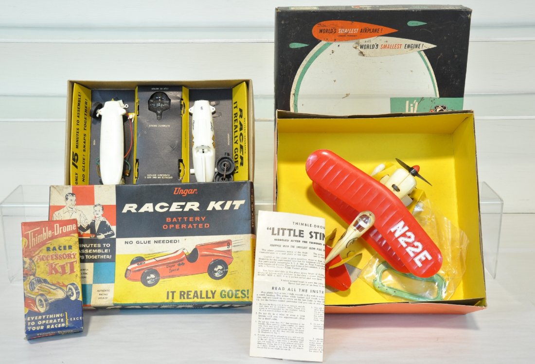 Boxed Thimble Drome & Ungar Toys: Includes an unusual Thimble Drome gas powered Li'l Stinker airplane, like new in box; Thimble Drome race accessory kit & a partially assembled Ungar Indy Racer motorized kit with display insert, obs, 