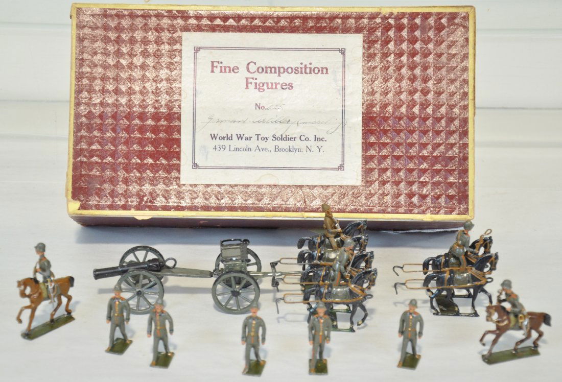 Boxed Heyde Set 525 German Artillery: All original owner sets, bought from World War Toy Soldier Co., Brooklyn, NY in 1934. Parade set including a marching set with wonderful 6-horse caisson with 5 marching & 2 mounted escorts. They appea