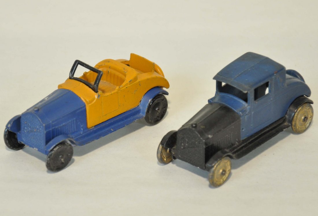 2 TootsieToy GM Buicks: Clean coupe & two-tone open tourer, both with "Buick" cast into grille. They show light playwear, C7+-8
