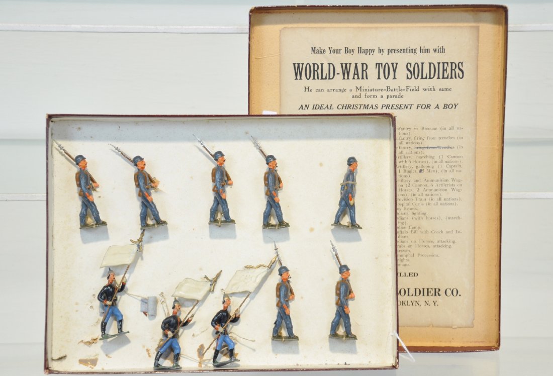 Boxed Heyde Soldier Lot: All original owner sets, bought from World War Toy Soldier Co., Brooklyn, NY. Includes 7 French infantry marching, still tied onto insert with box. Plus 3 Spanish flag bearers. All show very light wea