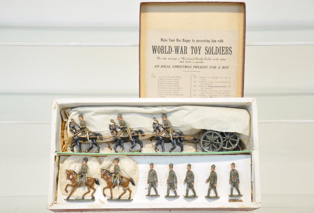 Boxed Heyde Set 525 German Artillery: All original owner sets, bought from World War Toy Soldier Co., Brooklyn, NY in 1934. Includes a parade marching set with wonderful 6-horse caisson with 5 marching & 2 mounted escorts. They appear lik