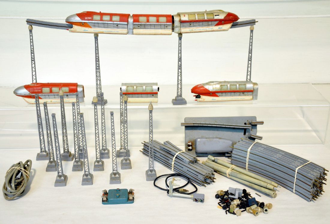 2 Schuco Disneyland Express Monorails: Includes 2 -3pc red/cream train sets with many uprights and track sections. It appears near complete, showing moderate playwear, C6, sold AS-IS, so examine photos closely