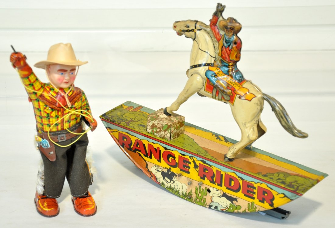 2 Tin Western Toys: Includes a 1930s Marx 11" Range Rider Lone Ranger Toy; Unusual Japanese 9" cowboy with celluloid head. It has its hat & gun. Both toys function, but missing wire lassos. They show light to moderate pl