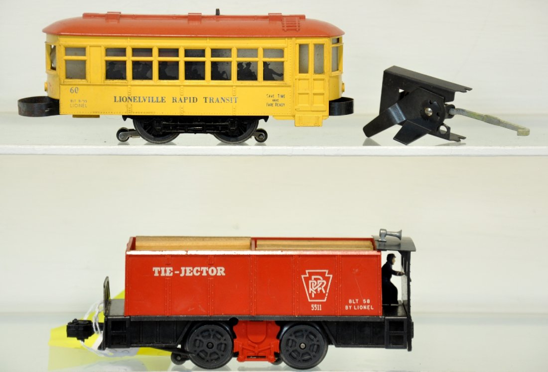 Lionel 55 & 60 Motorized Units: Includes a 55 tie jector with trip & replaced lumber, clean C7; 60 trolley, missing pole, some marker on nose each end with faded roof. Makes a nice runner, C6