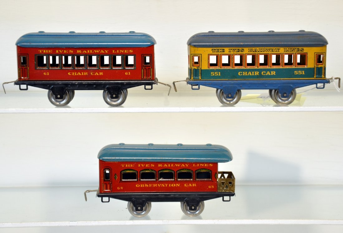 3 Nice Ives Passenger Cars: Includes a 551 Blue Vagabond Chair car; 61 red & blue chair car with matching 68 observation, they are clean & shiny, C7+
