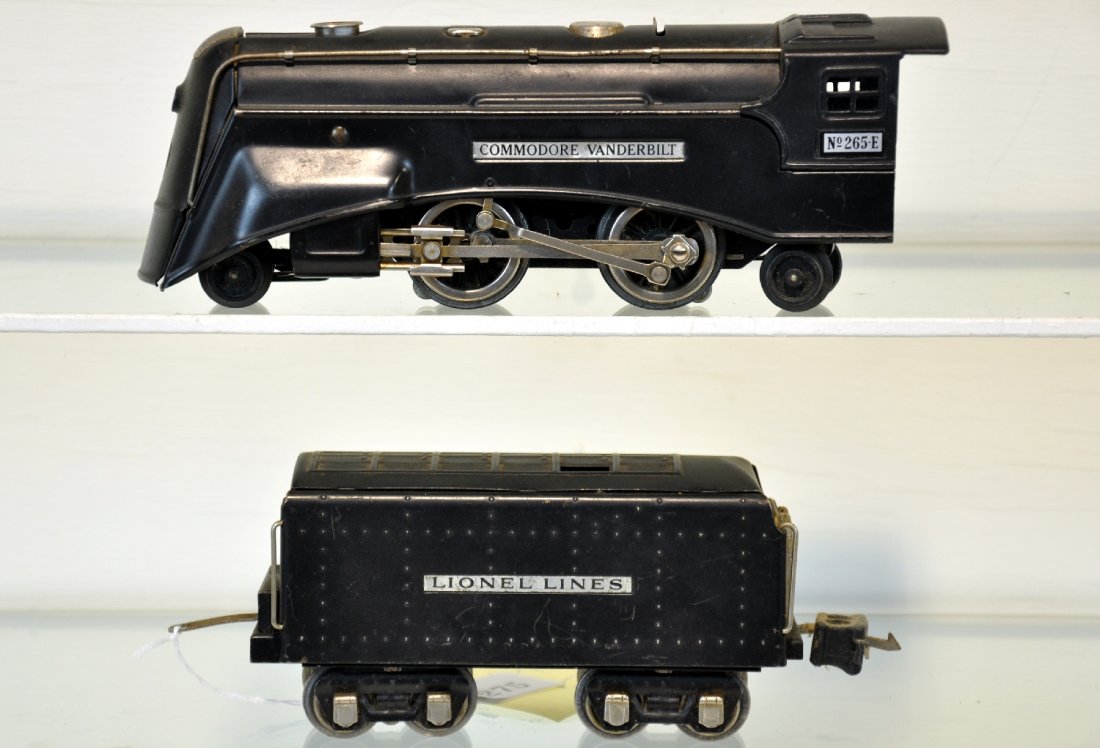 Late Lionel 265E Vanderbilt Loco: Satin black version with replaced cab; 265W whistling tender with manual box coupler. They otherwise show light to moderate playwear, C7