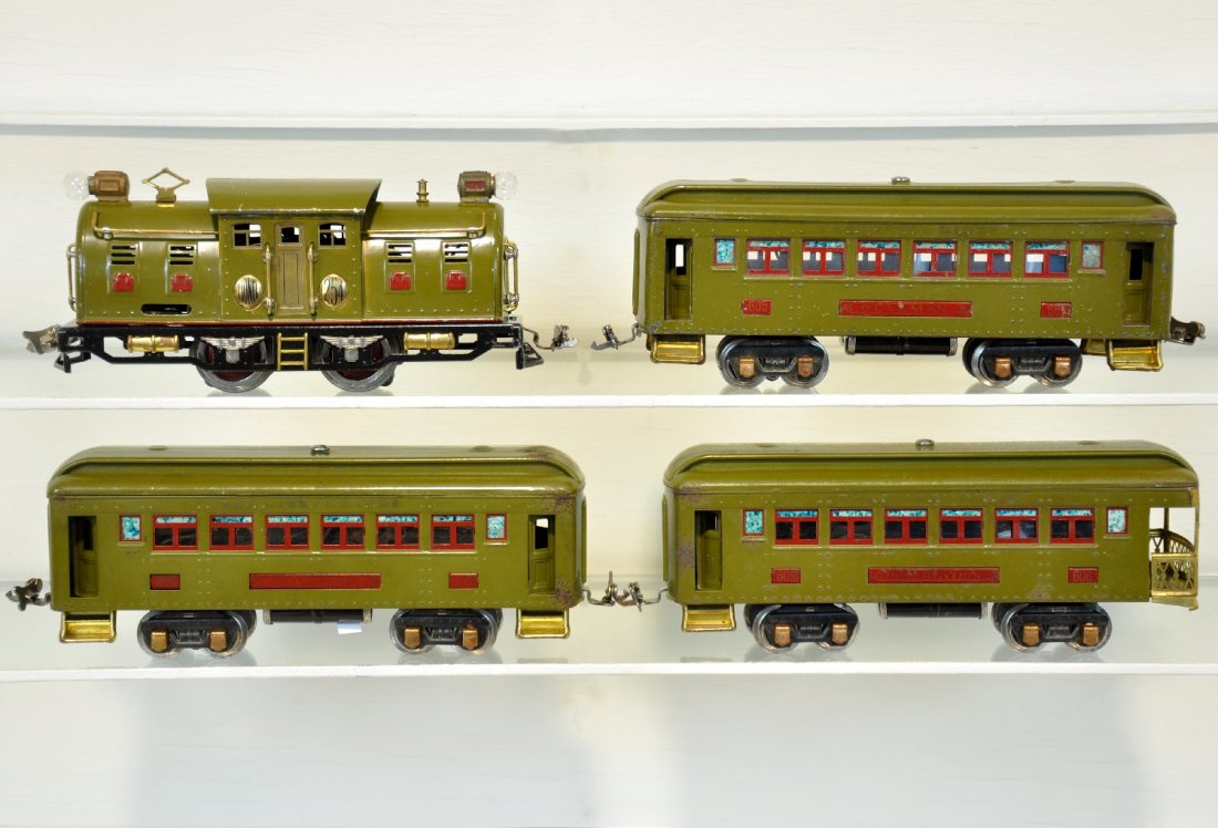 Rare Lionel 254E Passenger Set: Uncataloged set, circa 1933. Includes a 254 St. Paul style electric, tough with red hatches and stripe. Rewheeled, rewired and ready to run; 2 #605 Pullmans; 606 observation. All match loco, but have 