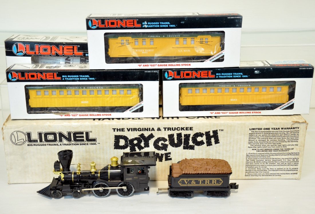 Lionel Virginia & Truckee Dry Gulch Set 11706: This set includes engine and tender 18702, passenger car 16010, passenger car 16011, and baggage car 16012. This set is unrun in Obs. C10