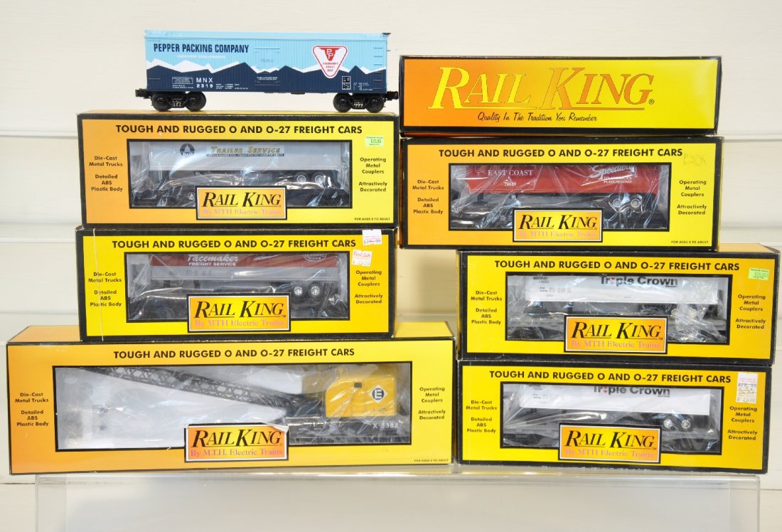 7 MTH RailKing Freight Cars: Includes New York Central Pacemaker flat car 30-7608, Florida East Coast flat car 30-7627, Baltimore & Ohio flat car 30-7633, Erie American crane car 30-7944, Norfolk Southern flat car 30-7609, Norfol