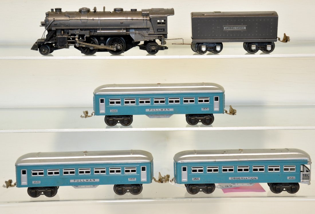 5Pc Lionel 1664E Passenger Set: Circa 1938. Includes a 1664E steam loco; matching 1689T tender in gunmetal; 2 #1630 Pullmans; 1631 observation. All are clean & shiny, showing light to moderate playwear, C7-