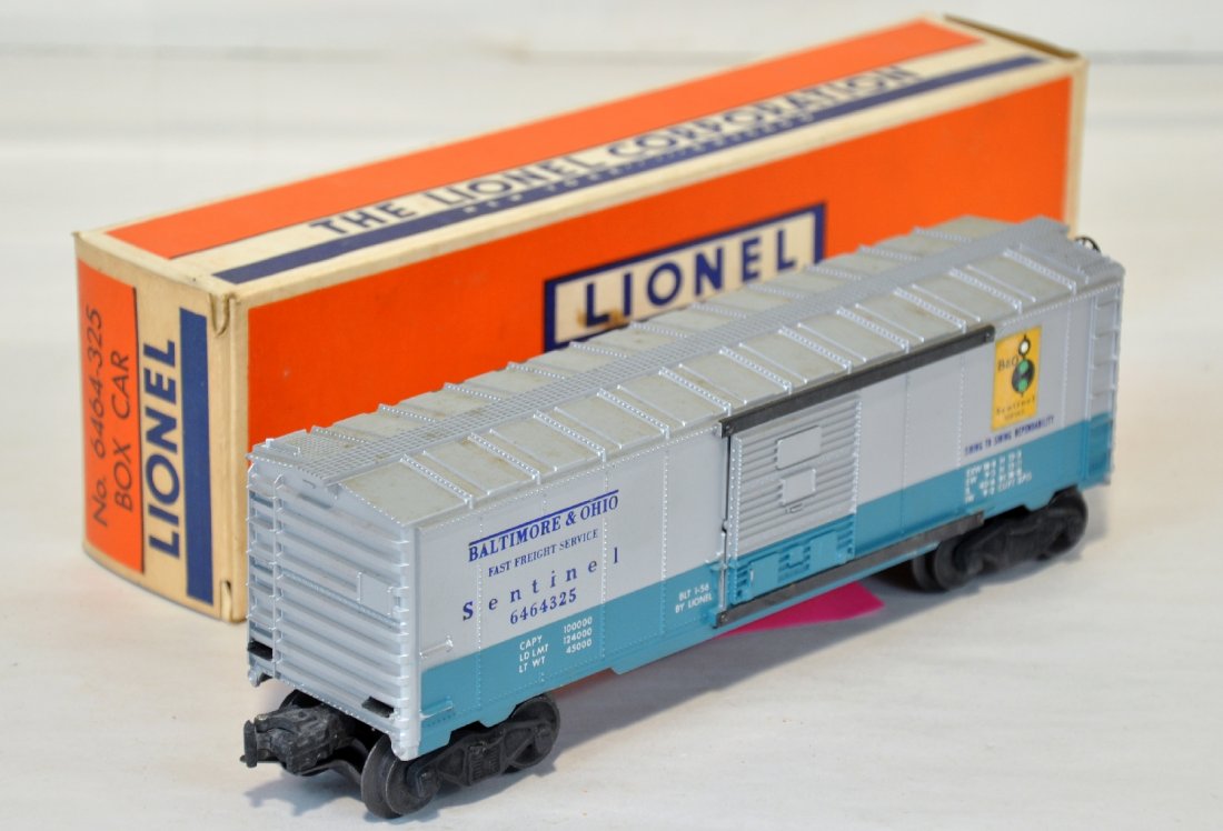 Nice Boxed Lionel 6464-325 B&O Boxcar: One of the toughest to find nice. This example has a type IIB body with 100% decals. It is fairly clean with nice silver and a C9 box, car is C7+-8