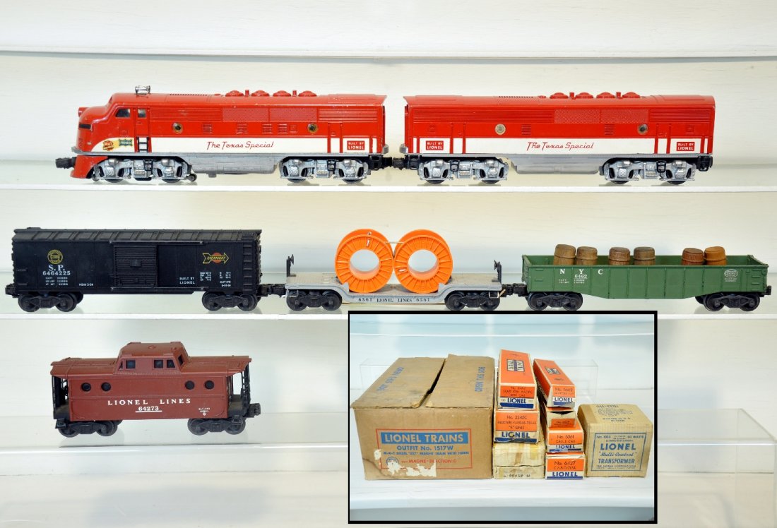 Boxed Lionel 2245 Set 1517W: Circa 1954. Includes a 2245 Texas Special F3 AB diesels, battery box is clean, B-unit is C7+; 6462-25 gondola with barrels; 6464-225 SP boxcar, type IIA; 6561 flat with reels; 6427 N5c caboose, 1 repl