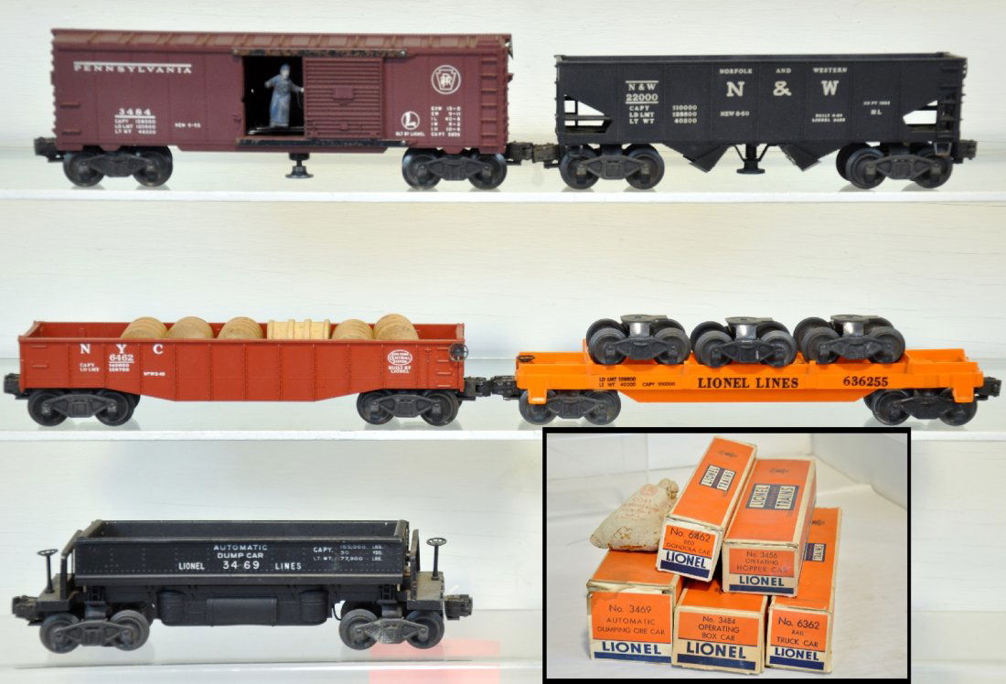 5 Clean Boxed Lionel Freight Cars: Includes a 6362 truck car, original load; 3484 PRR operating boxcar; 3456 N&W operating hopper; 3469 operating coal dump with 207 & bin; 6462 brick red gondola with drums. All have C8 boxes with 1 ins