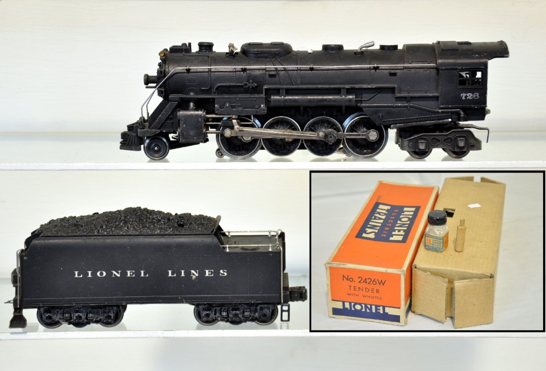 Boxed Lionel 726 Berkshire Locomotive: Clean with nice matte patina, insert only with SP pellets & tamper; 2426W cast whistling tender, matches nicely with a C7+ box & insert. They show light playwear, C7+
