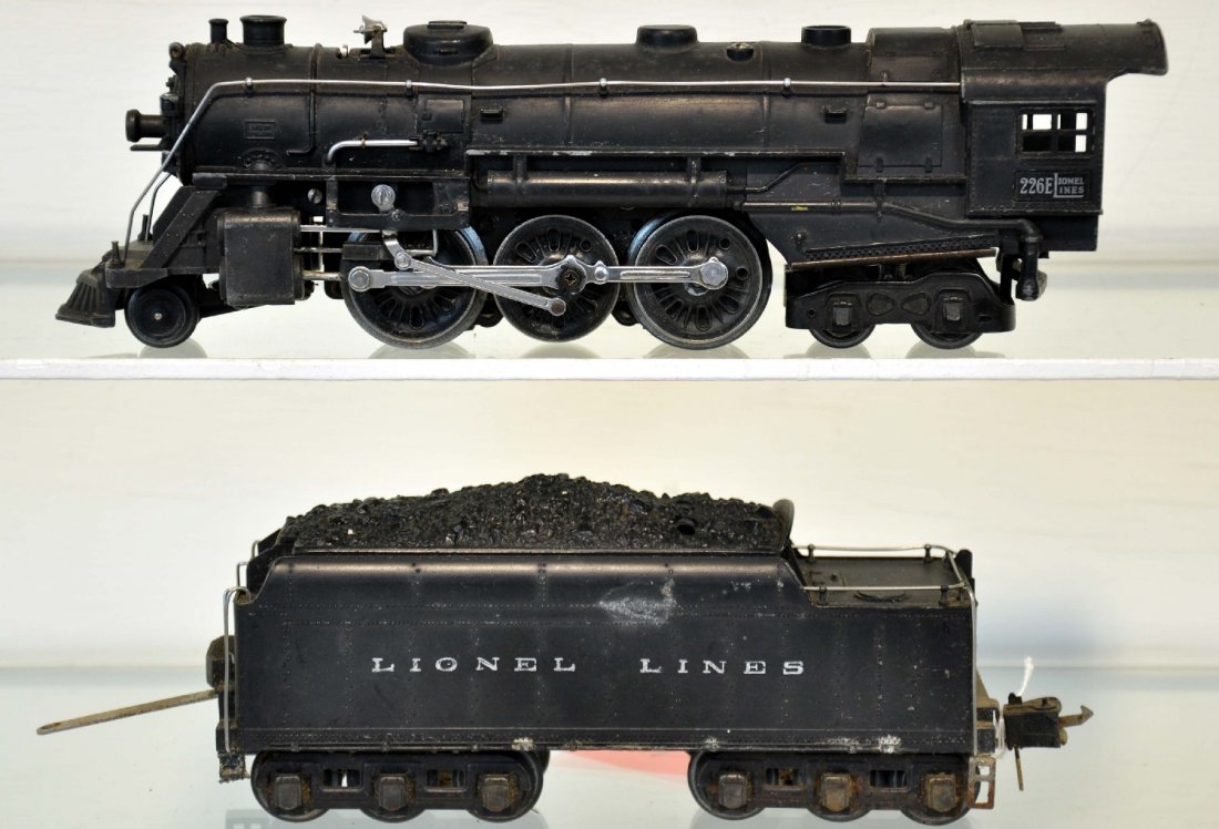 Lionel 226E Hudson Locomotive: Includes a 226E loco, matte patina with bright nickel, missing 1 running light; 2226WX tender with 1941 high box coupler, a few small corrosion spots one side. They show moderate playwear, C5-6