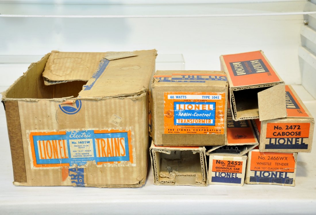 Boxed Lionel 1666 Set 1405W: Circa 1947. Includes a 1666 steam loco; 2466W tender; 2542X PRR gondola; 2465 Sunoco tank car; 2472 caboose, all have boxes with some inserts, missing some flaps with 1041 transformer & RCS with a C7 