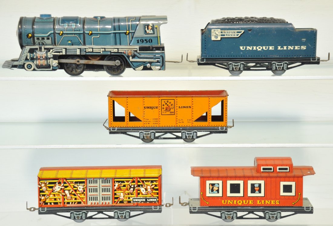 5Pc Unique Art Steam Freight Set: Includes a 1950 electric steam loco with matching tender; hopper; stock car & caboose. All are litho tin, clean & shiny, showing light to moderate playwear, with track & setbox, C6+-7