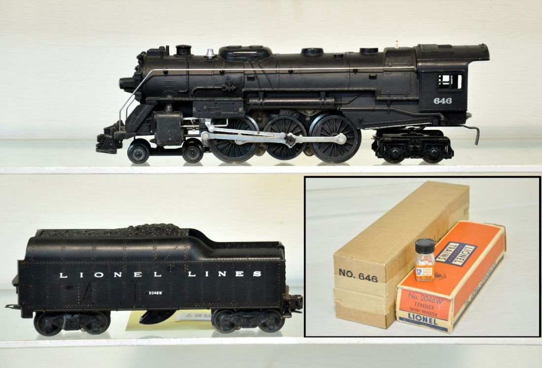 Boxed Late Lionel 646 Hudson Loco: Clean with rubber stamped lettering; 2046W tender with number on side. They show light to moderate playwear with boxes & SP pellets, C6+