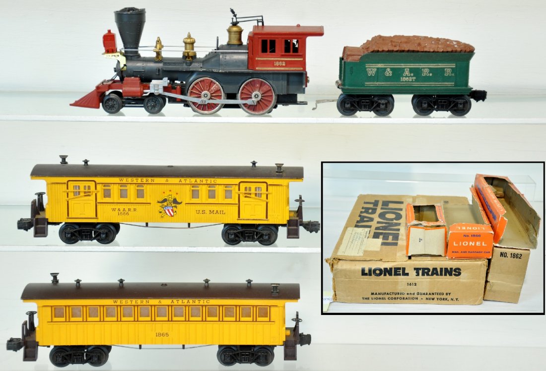 Unusual Boxed Lionel General Set 1612: Circa 1962. Includes a 1862 General loco, intact; 1862T tender; 1865 baggage; 1866 coach. They show light to moderate playwear with worn boxes & unusual setbox, C6-7