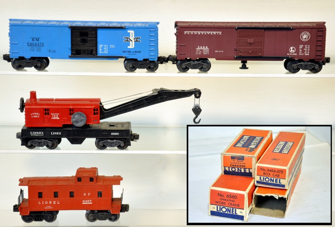 4 Boxed Lionel Freight Cars: Includes 6464-475 B&M boxcar, type IIB; 6357 caboose; 6560 crane; 3484 PRR operating boxcar. All show light to moderate playwear with boxes, some flap issues, C7