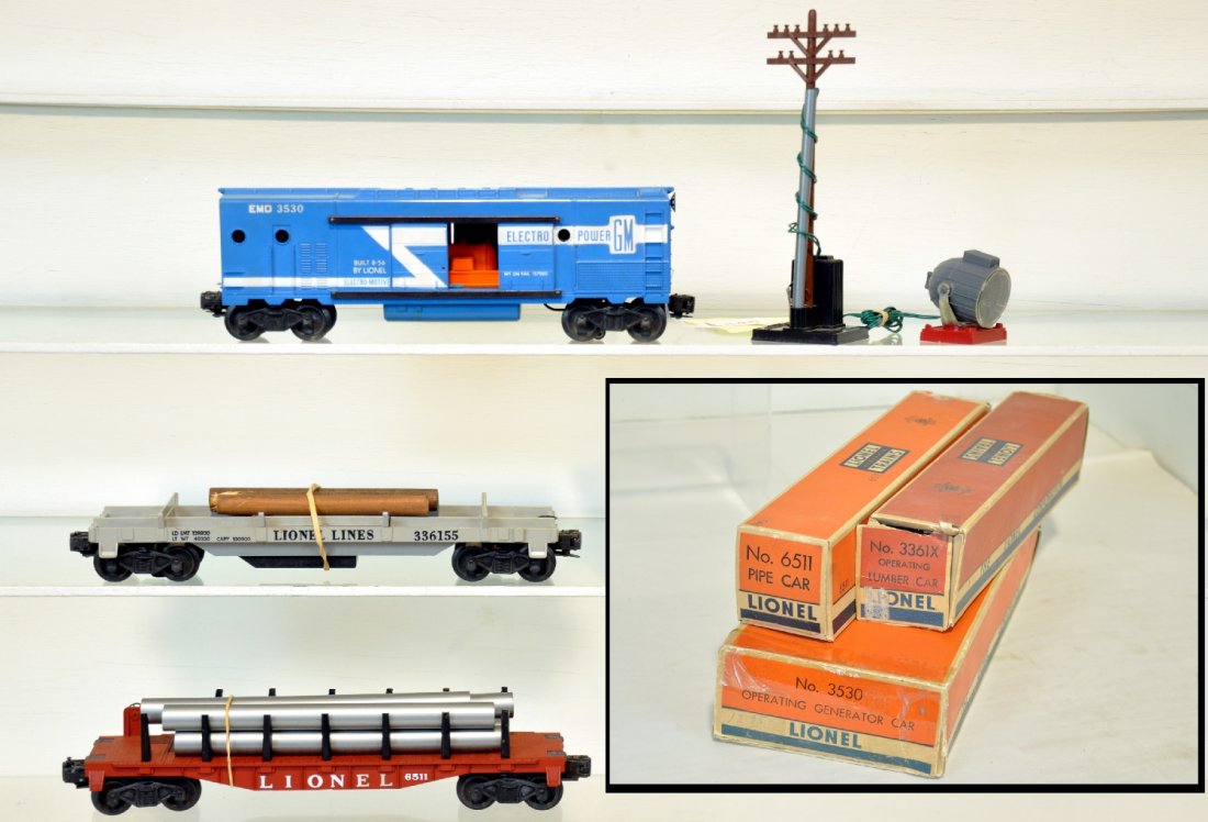 Boxed Lionel 3530, 6511 & 3361X Freights: Includes a 3530 generator car, blue tanks, long stripe; 6511 flat with pipes, cast bolsters; 3361X lumber dump. All are clean with worn boxes, C7