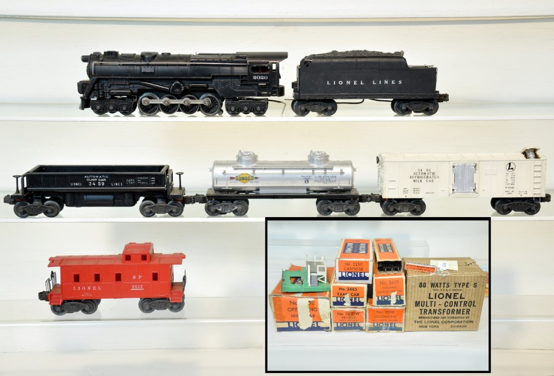 Lionel 2020 Set (1443WS): Circa 1947. Includes a 2020 PRR Turbine; 2020W Tender; 3459 coal dump; 2465 tank car; 3672 milk car with platform; 2257 caboose; "S" transformer, 1019 track set, instructions, all have obs, some missi