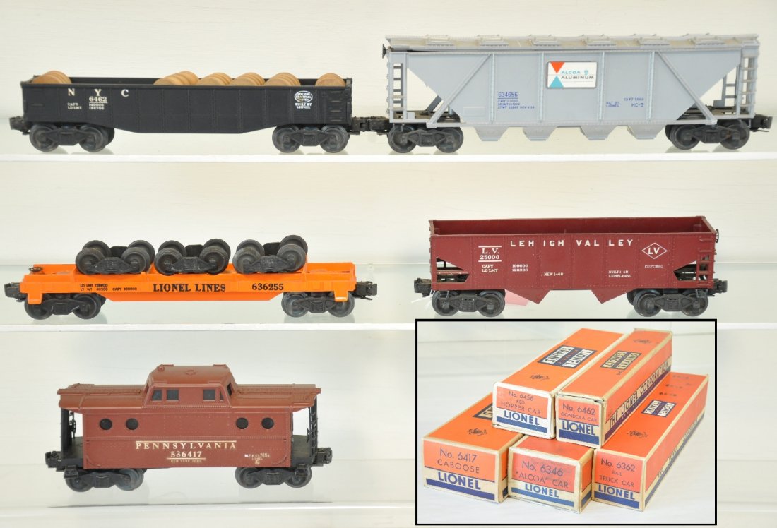 5 Boxed Lionel Freight Cars: Includes a 6436 Alcoa covered quad hopper; 6417 PRR N5c caboose; 6362 truck car, correct load; 6462 NYC gondola with drums; 6456 LV hopper. All show light to moderate playwear with boxes, C6+-7