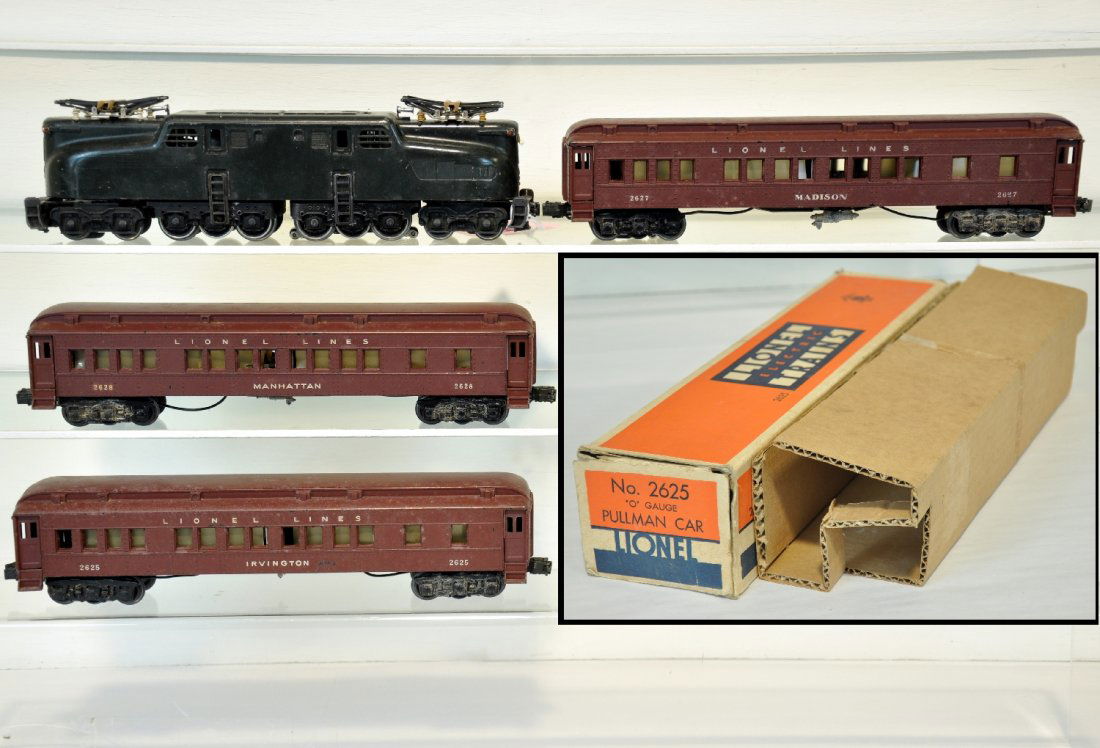 Lionel GG1 with Madison Cars: Includes an early 2332 PRR GG1 with red atomic motor plate, stripes are 10%, nice decals; 2625 Irvington Pullman; 2627 Madison Pullman; 2628 Manhattan Pullman. All cars have intact steps. Set shows mo