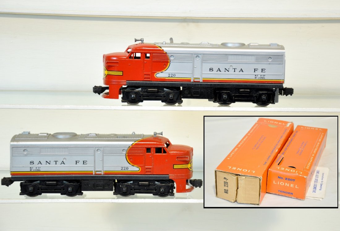 Boxed Lionel 220 SF Alco AA Diesels: Tougher late diesels. They are intact and match in color. Decals are 96% with boxes & sleeve. They show light playwear, C7