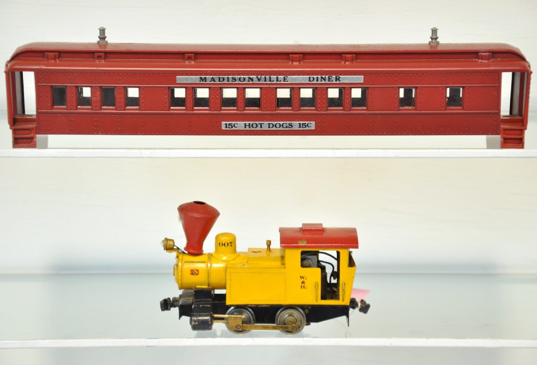 2 Unusual Train Pieces: Includes David O King tank loco, which shows moderate playwear, 3 Rail O Gauge, lettering on back of cab as well as minor dent. Missing one whistle, overall clean condition. Unusual Williams Madison H