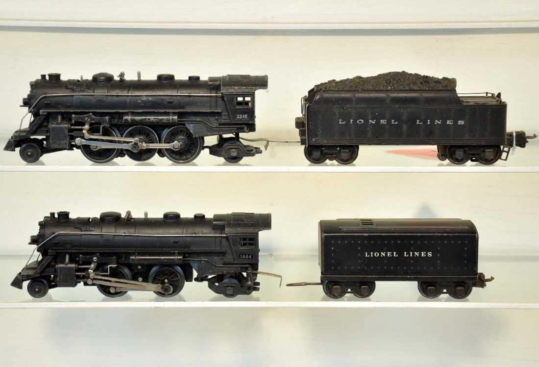 Lionel 224E & 1664 Steam Locomotives: Includes a 224E loco; 2224W cast whistling tender, 1939 couplers, C6; 1664 loco; 1689T tender, showing light to moderate playwear, C7