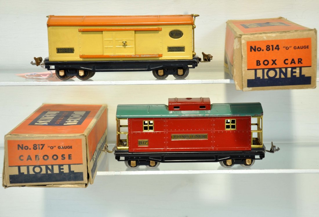 Lionel Boxed 814 & 817 Freights: Includes an 814 Boxcar, late ob missing a flap; 817 caboose, clean & shiny, ob has flaps taped on 1 side, C7+