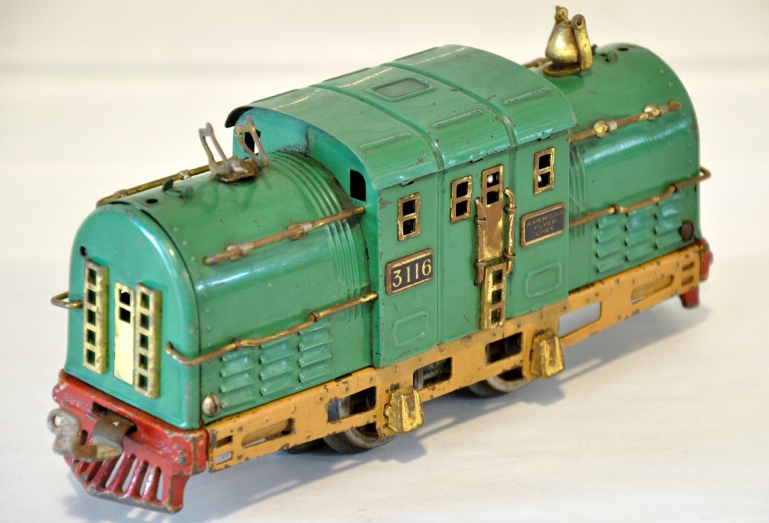 American Flyer 3116 Shasta Electric: Complete your Potomac set! Loco is clean with replaced pick-up shoe. It is missing its lights and has Lionel couplers, C5-5+