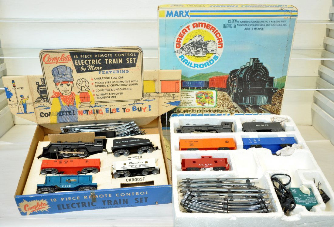 2 Boxed Marx Train Sets: Includes 15765 with 490 loco with Chug-Chug; PC slope back tender; Erie operating lumber car with bin & 3 logs; gondola & pace caboose & track; set 4362 Cannon Ball Freight with gray 490 loco with chu