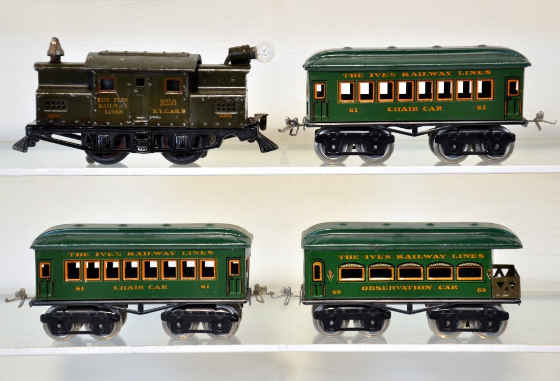 4Pc Ives 3250 Passenger Set: Includes a 3250 olive electric with nice gold lettering; 2 #60 chair cars; 68 observation, all are clean, showing light to moderate playwear, loco is C6, cars C7+