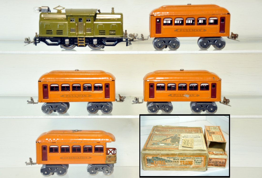 Rare Boxed Lionel Set 10000 Special: Includes a 252 electric; 3 #603 early Pullmans; 604 observation. All are clean & shiny, showing moderate playwear, but better than most with partial loco & 1 car box with Rare set box, trains C6+