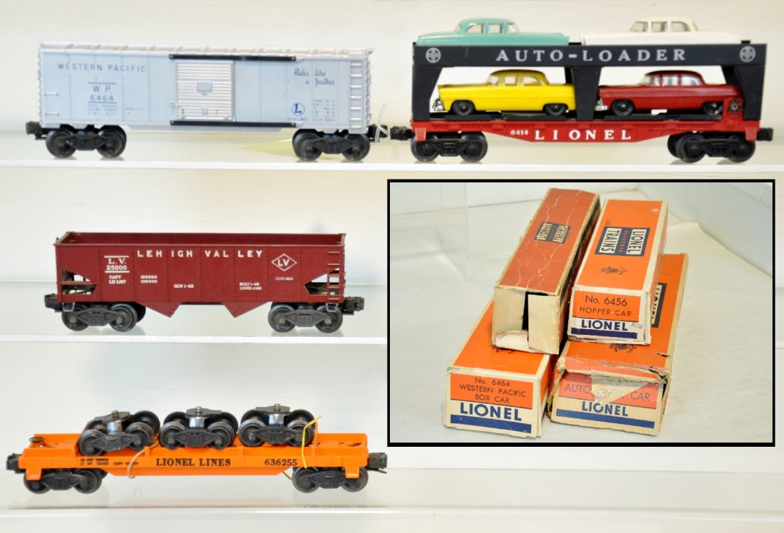 4 Boxed Lionel Freight Cars: Includes a 6414 Auto-loader, some chrome wear; 6362 truck car, run load; 6456 LV hopper; 6464-1 WP boxcar, type I, nice silver. All show light to moderate playwear with boxes, some rough, C6-7