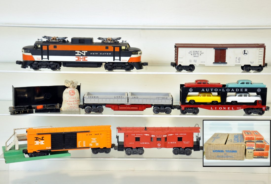 Nice Boxed Lionel 2350 Set 2263W: Circa 1957. Includes a 2350 NH EP-5 electric. Nice original decals with clean battery box; 3359-55 double dump car, complete; 6468-25 NH boxcar; 6414 auto-loader; 3662-1 milk car with platform; 6517 b