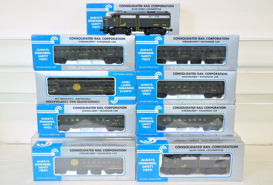 9Pc K-Line Conrail Diesel Set: Unusual promotional set. Includes a K2107-4020 & 21 Alco AA Diesels; Passenger cars- 2 #K4507-2001IC combines; 2 #0011 Pullmans; 0055 vista-dome; 0027 Parlor; 0009 observation. They show light runtime