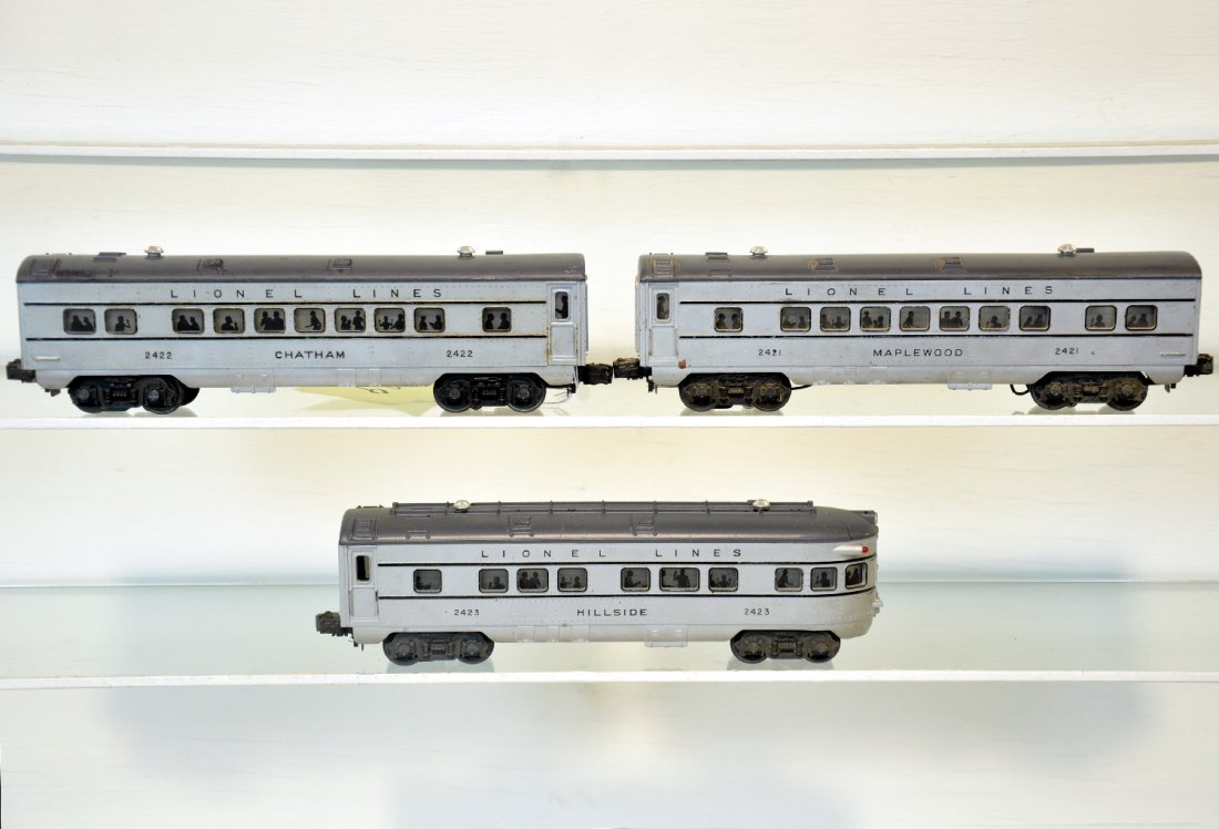 3 Lionel 1951 Passenger Cars: Make a set with a 2033, 681 or 675! Includes a 2421 Maplewood Pullman; 2422 Chatham Pullman; 2423 Hillside observation, all have 1951 gray roofs with black stripes. They show light to moderate playwea