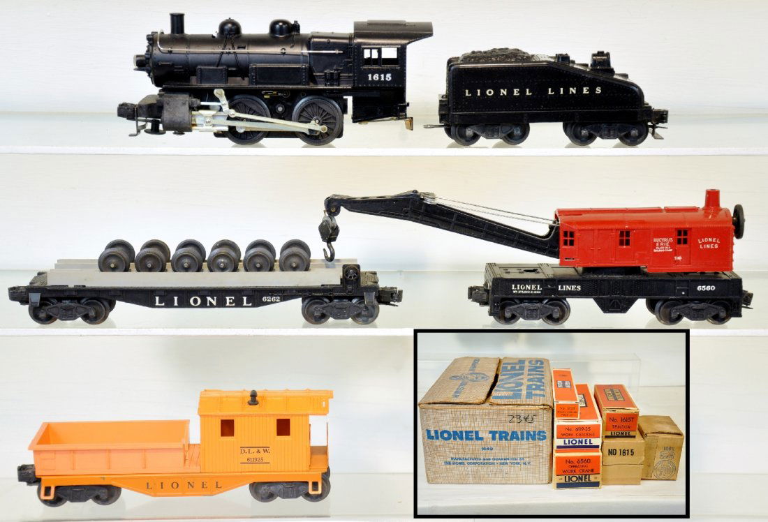 Nice Boxed Lionel 1615 Set 1549: Circa 1957. Includes a 1615 steam switcher; 1615 tender; 6560-25 crane with insert; 6262 wheel car, run load; 6119-25 work caboose, 1012 transformer; 6029 track set. All show light playwear with clean