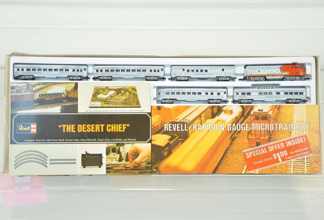 Boxed Revell/Rapido N Gauge SF Passenger Set: Desert Chief Set. Includes an F3 diesel; streamline combine, 2 coaches, vista-dome & observation. All are clean with track & transformer, missing Rerailer with set box, C8